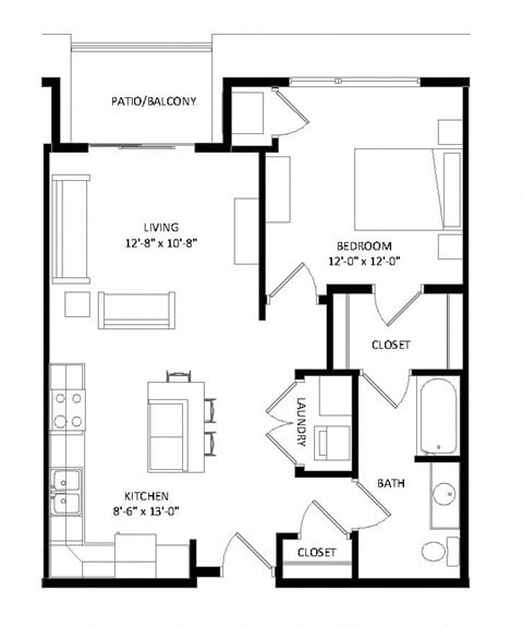 Floor plan for 1 bed, 1 bath, 763 sqft